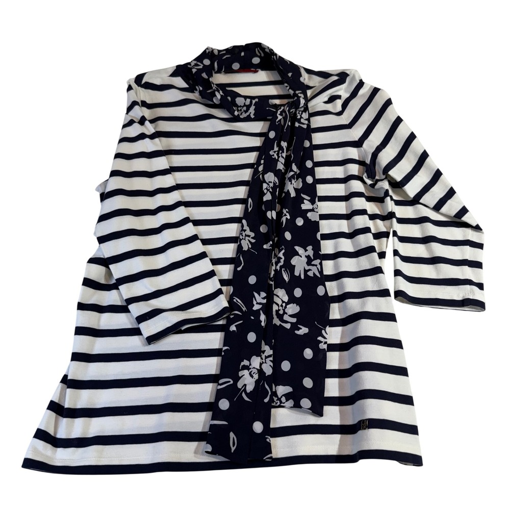 Carolina Herrera Cotton Top L Navy White Striped Silk Scarf Tie Neck
